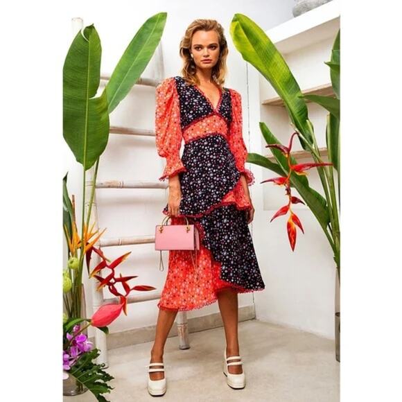 nwot CELIAB Dress S Red Black Dots Layered V-Neck Crepe PuffSlv Zip Midi Multi - Picture 1 of 16